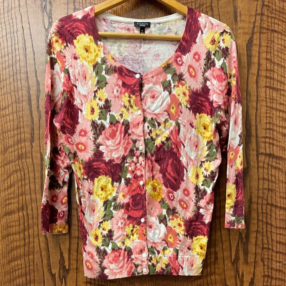 Talbots academia pink floral 3/4 sleeve button front silk cardigan